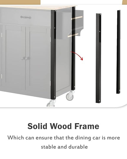 Solid Wood Top, Mobile Carts with Storage Cabinet, Rolling Kitchen Table w/Spice, Towel Rack, and Drawer, Portable Islands on Wheels, Black, 54.33 Inch - LeafyLoom