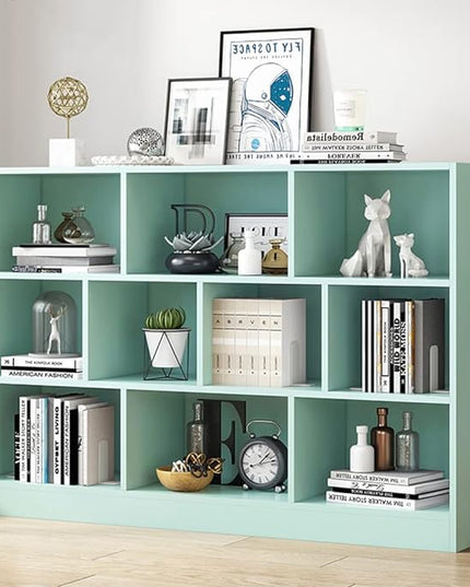 IOTXY Open Shelf Low Bookcase - Wooden 3-Tier Floor Standing Display Cabinet Organizer with Base, 10 Cubes Short Horizontal Bookshelf in Tiffany-Green - LeafyLoom