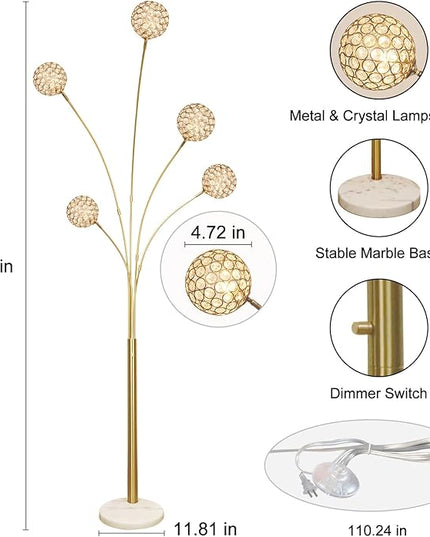 DLLT Floor Lamps for Living Room, 5-Light Gold Arc Standing Lamp, 86.6" Modern Tall Tree Floor Lamp with Adjustable Arms, Multi-Head LED Floor Lamps for Bedroom, Study, Office, G9 Bulbs Included - LeafyLoom