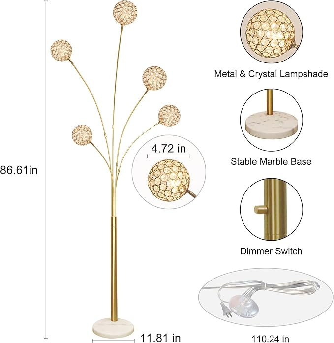 DLLT Floor Lamps for Living Room, 5-Light Gold Arc Standing Lamp, 86.6" Modern Tall Tree Floor Lamp with Adjustable Arms, Multi-Head LED Floor Lamps for Bedroom, Study, Office, G9 Bulbs Included - LeafyLoom
