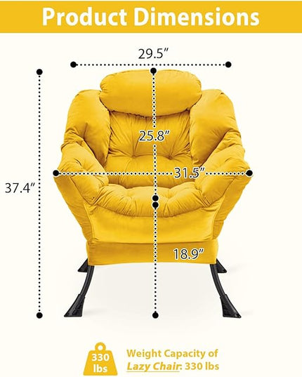 Lazy Chair Thick Padded, Accent Chair Velvet Upholstered with Wide Seat, Stable Metal Frame and Non-Slip Pad, Modern Sofa Armchair with Side Storage Bag for Dorm, Room, Office, Yellow - LeafyLoom