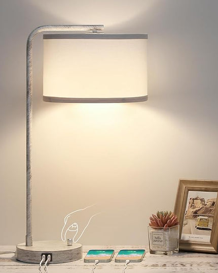 Table Lamp with Dual USB Charging Ports, Fully Dimmable Farmhouse Bedside Lamp, USB Nightstand Lamp with Brushed White Oak, Tall Reading Desk Lamp for Living Room, Bedroom, Office, LED Bulb Included - LeafyLoom