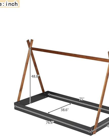 Bellemave Twin Size Tent Floor Bed Frame with Triangle Structure, Teepee Bed Platform Bed for Kids,Montessori Floor Bed for Girls Boys(Twin,Black+Brown) - LeafyLoom