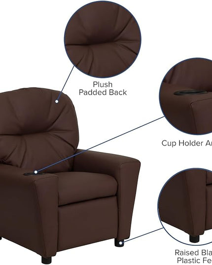 Flash Furniture Chandler LeatherSoft Kids Recliner with Cup Holder and Safety Recline, Contemporary Reclining Chair for Kids, Supports up to 90 lbs., Brown - LeafyLoom