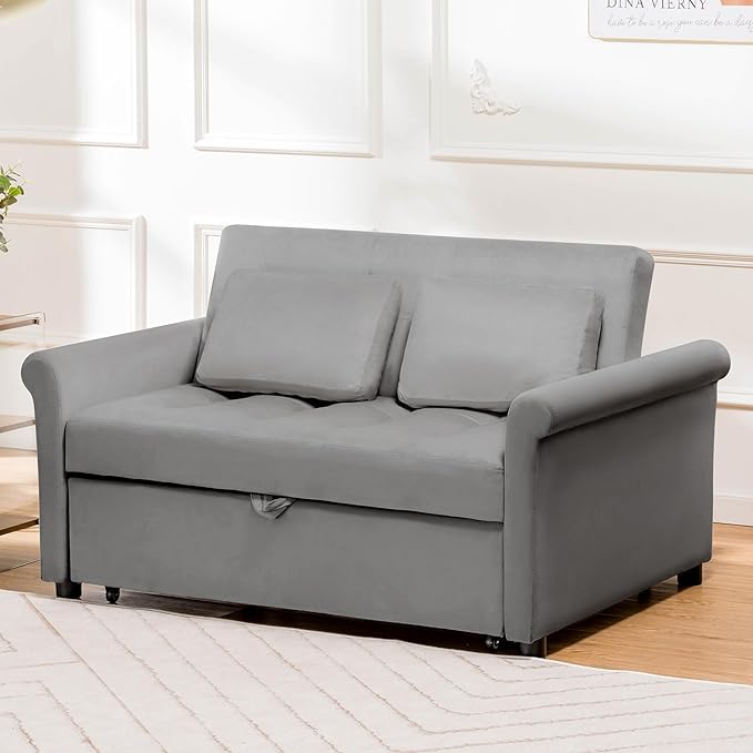 COMHOMA 55" Sleeper Sofa Bed, 3-in-1 Pull Out Couch with Adjustable Backrest and Pillows, Convertible Sleeper Couch for Living Room and Office (Grey) - LeafyLoom