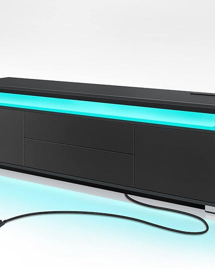 Rolanstar TV Stand with Power Outlet & LED Lights, Modern Entertainment Center for 32/43/50/55/65 Inchs TVs, TV Table, Universal Gaming LED TV Media Stand with Large Storage Cabinet, Black - LeafyLoom