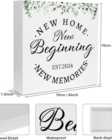Creoate Housewarming Gifts New Home Decor New Home New Memories Wooden Box Sign Rustic Housewarming White Block Sign Home Décor Accents Living Room Shelf Desk Decoration 5.9 x 5.9 Inches Gift (White) - LeafyLoom