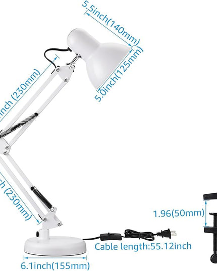 TORCHSTAR Metal Desk Lamp, Swing Arm Desk Lamps, Architect Desk Lamp with Clamp, Adjustable Gooseneck Table Lamp, Clip Desk Lights for Home Office, Work, Study, Reading, E26 Base, Multi-Joint, White - LeafyLoom