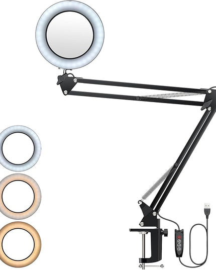 Magnifying Glass with Light, 8X Magnifying Desk Lamp with Clamp 3 Lighting Color Modes,Adjustable Swivel Arm 10 Brightness Levels LED Magnifier Desk Lamp for Reading Repair(Arm Length:29inch) - LeafyLoom