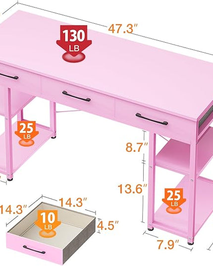 ODK Vanity Desk with Fabric Drawers & Storage Shelves, Makeup Dressing Table, Home Office Desks for Bedroom, Modern Simple Writing Desk,Pink, 48"x16" (No Mirror - LeafyLoom