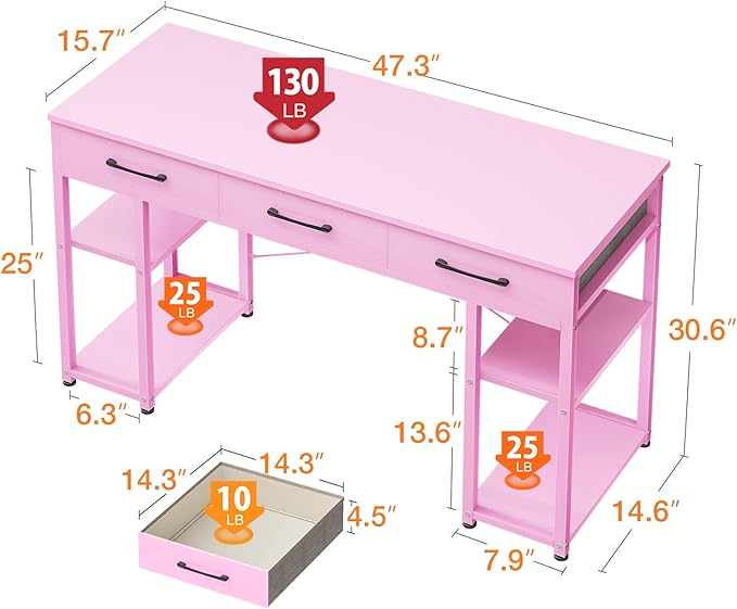 ODK Vanity Desk with Fabric Drawers & Storage Shelves, Makeup Dressing Table, Home Office Desks for Bedroom, Modern Simple Writing Desk,Pink, 48"x16" (No Mirror - LeafyLoom
