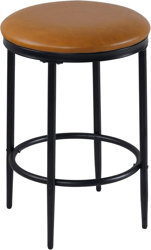 HomePop Upholstered Metal Barstool, Fabric Side Chairs for Dining Room, Kitchen and Living Room - Carmel Brown Faux Leather - LeafyLoom
