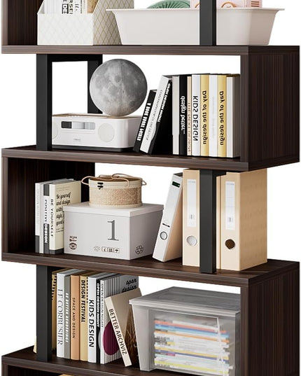 Bookshelf geometric bookcase S Shaped industrial bookshelf Storage Display Stand Shelf for Living Room Bedroom and office Room (Black, 5 Tier) - LeafyLoom