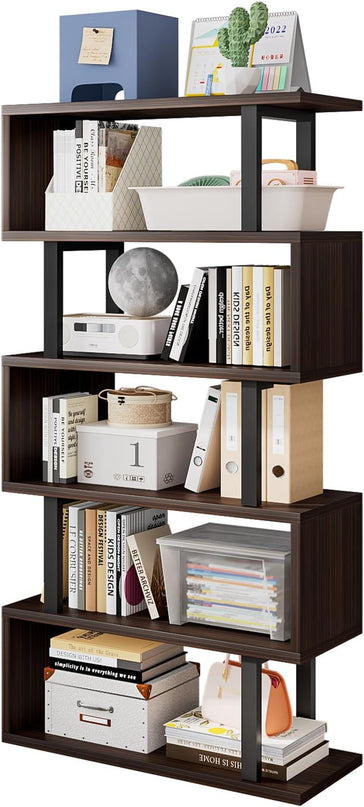 Bookshelf geometric bookcase S Shaped industrial bookshelf Storage Display Stand Shelf for Living Room Bedroom and office Room (Black, 5 Tier) - LeafyLoom
