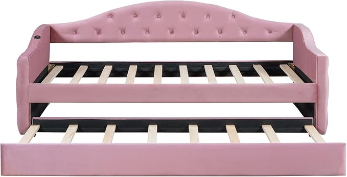 Twin Size Velvet Tufted Upholstered Daybed with Trundle, Modern Solid Wood Bed w/USB & Type-C Charging Ports, No Box-spring Needed, for Bedroom Living Room, Pink-1 - LeafyLoom