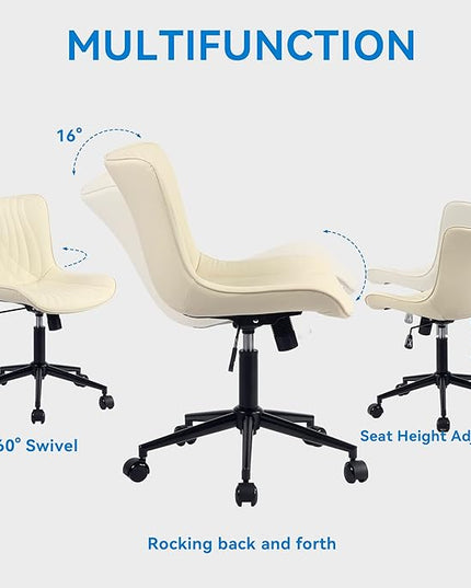 YOUNIKE Office Chair, Armless Desk Chair with Wheels, Home Office Computer Task Chairs, Modern Faux Leather Padded Vanity Chair, Adjustable Swivel Rocking Office Chair with Back, Beige - LeafyLoom