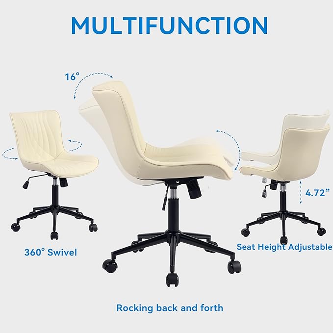 YOUNIKE Office Chair, Armless Desk Chair with Wheels, Home Office Computer Task Chairs, Modern Faux Leather Padded Vanity Chair, Adjustable Swivel Rocking Office Chair with Back, Beige - LeafyLoom