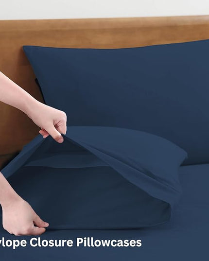 LANE LINEN 100% Organic Cotton Twin Bed Sheet Set, 3 Pc Twin Size Sheet Set, Soft & Breathable Twin Sheet Set Boys, Hotel Style Bedding Sheets & Pillowcases, 15" Deep Twin Fitted Sheet - Estate Blue - LeafyLoom
