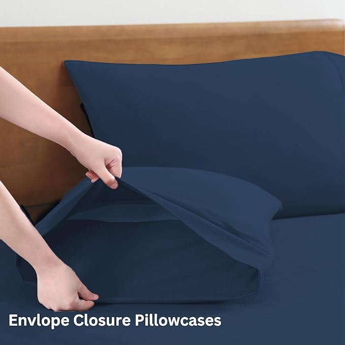 LANE LINEN 100% Organic Cotton Twin Bed Sheet Set, 3 Pc Twin Size Sheet Set, Soft & Breathable Twin Sheet Set Boys, Hotel Style Bedding Sheets & Pillowcases, 15" Deep Twin Fitted Sheet - Estate Blue - LeafyLoom