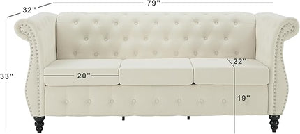 Tbfit Chesterfield Sofa with Rolled Arms, Classic Button Tufted 3 Seater Couch with Nailhead Trim, Upholstered Chesterfield Couches with Gourd Wooden Legs, Linen Sofas for Living Room, Bedroom, Beige - LeafyLoom