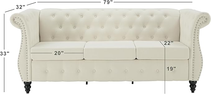 Tbfit Chesterfield Sofa with Rolled Arms, Classic Button Tufted 3 Seater Couch with Nailhead Trim, Upholstered Chesterfield Couches with Gourd Wooden Legs, Linen Sofas for Living Room, Bedroom, Beige - LeafyLoom