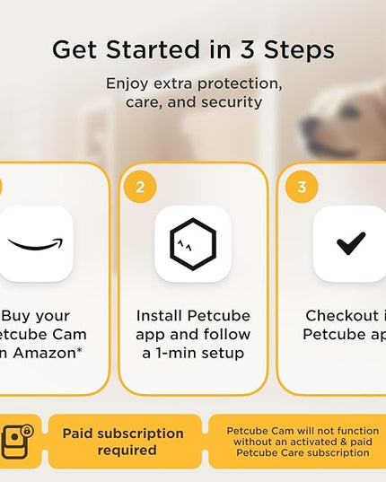 Petcube Cam and Care Coverage Subscription | Indoor Wi-Fi Pet and Security Camera with Phone App, Cats and Dogs Monitor with 2-Way Audio and Video, Night Vision Petcube
