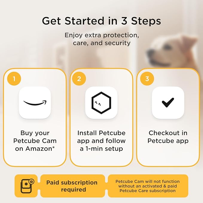 Petcube Cam and Care Coverage Subscription | Indoor Wi-Fi Pet and Security Camera with Phone App, Cats and Dogs Monitor with 2-Way Audio and Video, Night Vision Petcube