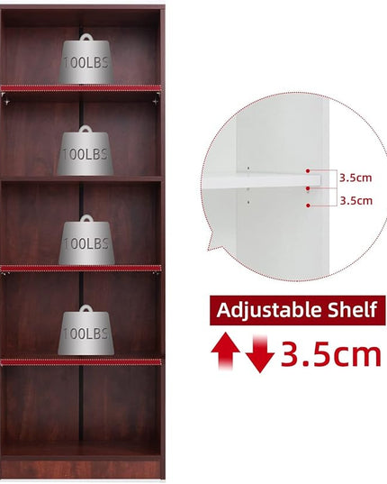 5 Shelf Wood Bookcase Freestanding Display Shelf Adjustable Layers Bookshelf for Home Office Library Small Narrow Space(Cherry, 5-Layers,24.4W x 11.6D x 68.9H inch) - LeafyLoom