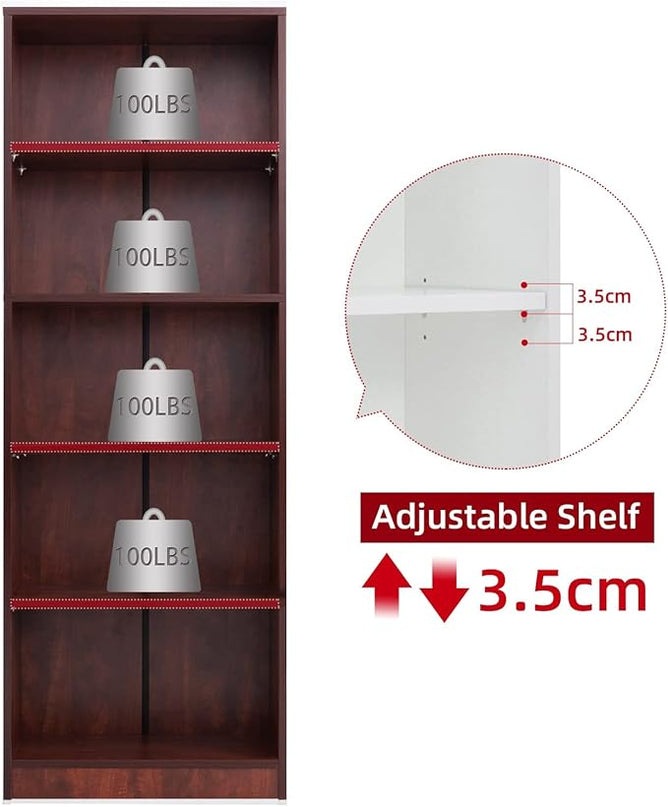 5 Shelf Wood Bookcase Freestanding Display Shelf Adjustable Layers Bookshelf for Home Office Library Small Narrow Space(Cherry, 5-Layers,24.4W x 11.6D x 68.9H inch) - LeafyLoom