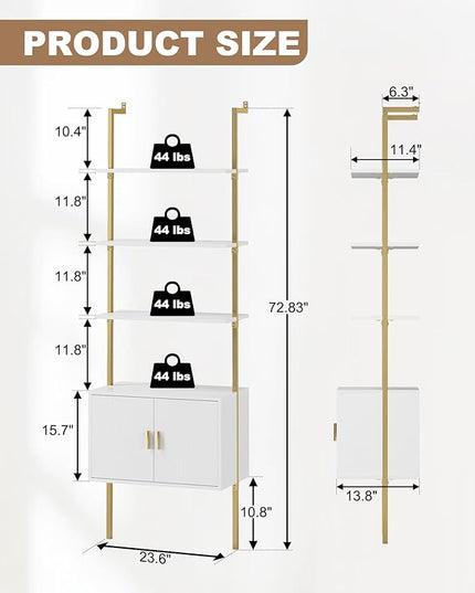 Gadroad Ladder Bookshef with Cabinet, Wall Mounted Bookcases, 5 Tier Tall Open Display Rack, 73" Metal Industrial Bookshelf, Storage Shelves for Livingroom, Home Office, Gold - LeafyLoom
