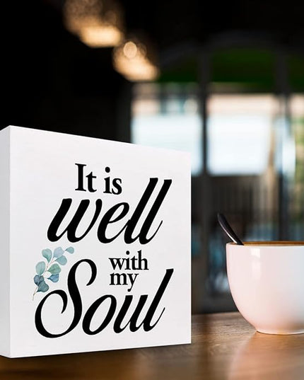 Christian Quote It Is Well With My Soul Wood Box Sign,Holy Bible Quote Decor Desk Sign,Inspirational Song and Hymn Wooden Block Sign for Home Bedroom Office Shelf Tabletop - LeafyLoom