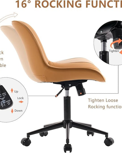 YOUNIKE Armless Office Chair with Wheels Tan Desk Chair Swivel Rolling Computer Task Chair with Back Upholstered Faux Leather Rocking Gaming Chair Height Adjustable Modern Ergonomic Wide Seat - LeafyLoom