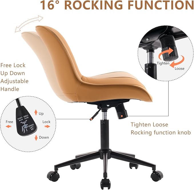 YOUNIKE Armless Office Chair with Wheels Tan Desk Chair Swivel Rolling Computer Task Chair with Back Upholstered Faux Leather Rocking Gaming Chair Height Adjustable Modern Ergonomic Wide Seat - LeafyLoom