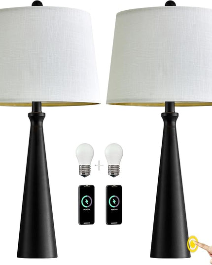 Oneach 25.75" Table Lamps Set of 2 for Living Room Bedroom, Bedside Lamp 3-Way Dimmable Touch Control, Modern Black Nightstand Light Fabric Shade Vintage Accent Style - LeafyLoom
