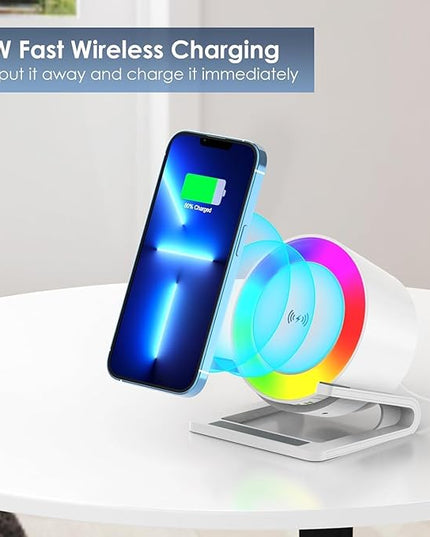 15 W Wireless Charger with Bluetooth Speaker and Night Light Induction Wireless Chargers with 5 RGB Light Modes Touch Dimmable Bedside Lamp Gifts for Women and Men - LeafyLoom