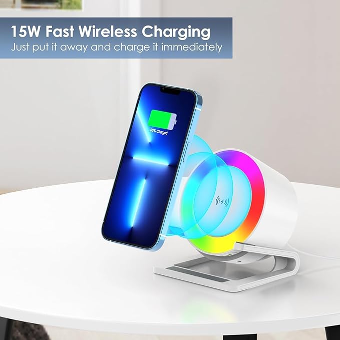 15 W Wireless Charger with Bluetooth Speaker and Night Light Induction Wireless Chargers with 5 RGB Light Modes Touch Dimmable Bedside Lamp Gifts for Women and Men - LeafyLoom