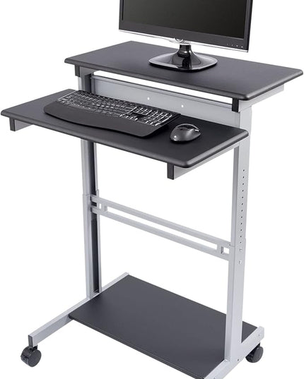 S STAND UP DESK STORE Rolling Adjustable Height Two Tier Standing Desk Computer Workstation (Silver Frame/Black Top, 32 Wide) - LeafyLoom