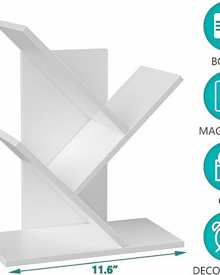 3 Tier Small Tree Bookshelf Storage Organizer Shelves Floor Standing Bookcase Desk Wood Storage Rack for Home Office Living Room Bedroom Display for Book Magazine CD manga Warm White - LeafyLoom