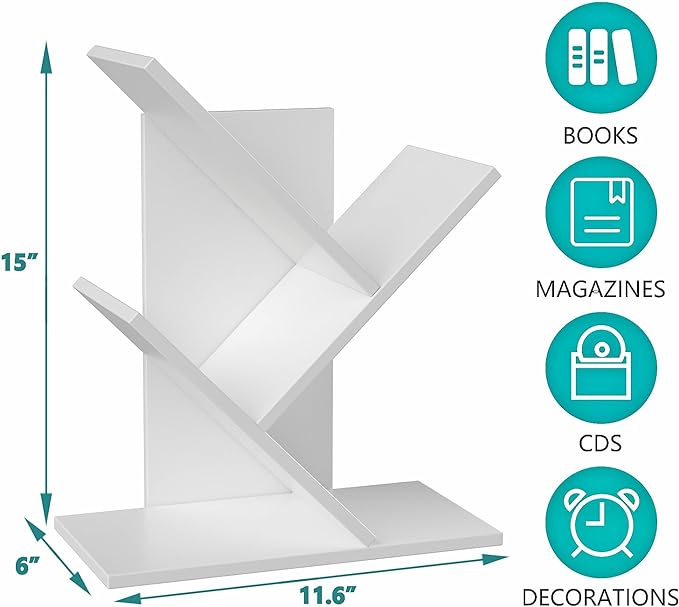 3 Tier Small Tree Bookshelf Storage Organizer Shelves Floor Standing Bookcase Desk Wood Storage Rack for Home Office Living Room Bedroom Display for Book Magazine CD manga Warm White - LeafyLoom