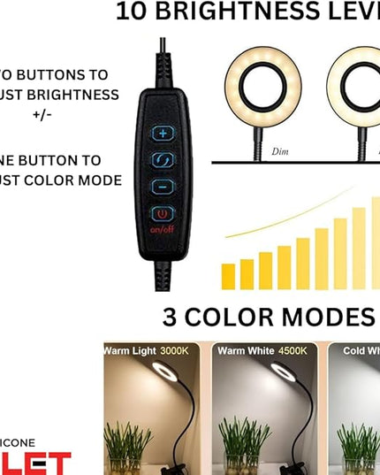 Desk Lamp with Clamp, Clip on Light, 48 LED USB Lamp with 3 Color Modes 10 Brightness Levels, 360° Flexible Gooseneck Eye Protection, Ring Light Bed Night Light for Reading With Adapter - LeafyLoom