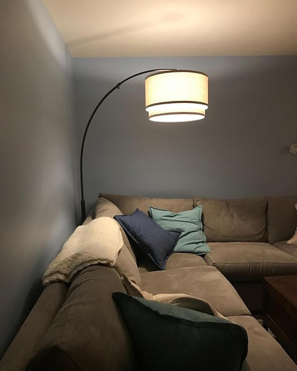 Brightech Mason Arc Floor Lamp - Modern Corner Standing Lamp with Unique Hanging Drum Lamp Shade for Living Room - Bright Overhead, Curved Hanging Light for Bedroom. Library, Den - Bronze - LeafyLoom