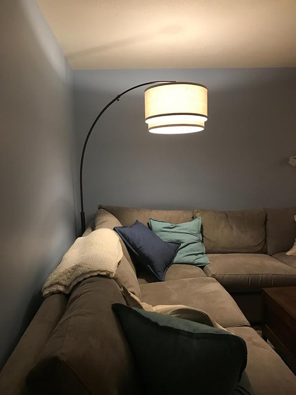Brightech Mason Arc Floor Lamp - Modern Corner Standing Lamp with Unique Hanging Drum Lamp Shade for Living Room - Bright Overhead, Curved Hanging Light for Bedroom. Library, Den - Bronze - LeafyLoom
