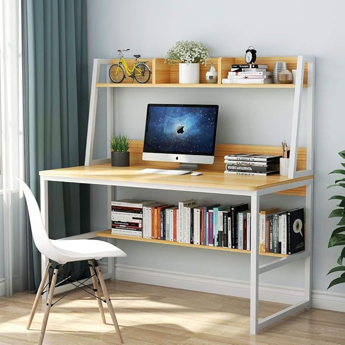 Tribesigns Computer Desk with Hutch, 47 inches Home Office Desk with Space Saving Design with Bookshelf for Small Spaces (Light Walnut, 47) - LeafyLoom