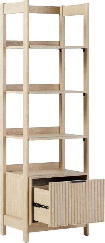 Walker Edison Modern Narrow Open Bookshelf Bottom, 22 Inch, One-Drawer Coastal Oak - LeafyLoom