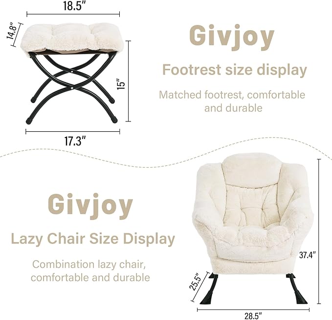 Plush Lazy Chair and Ottoman, Large Contemporary Accent Lounge Chair with Armrests and a Side Pocket, Modern Leisure Upholstered Sofa Reading Armchair with Footrest for Bedroom, Living Room - LeafyLoom