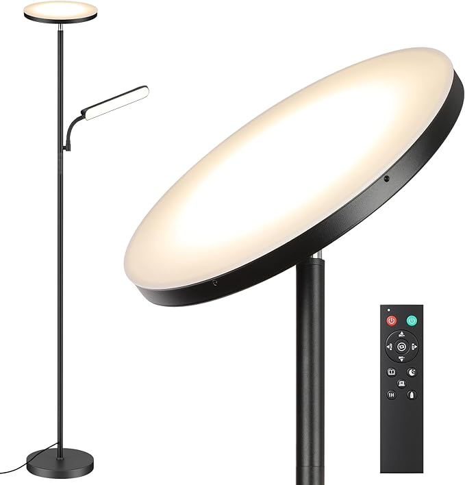 LED Floor Lamp, 48W 4000LM Super Bright Torchiere Floor Lamp with Adjustable Reading Light, Dimmable Standing Lamp with Remote & Touch Control - LeafyLoom