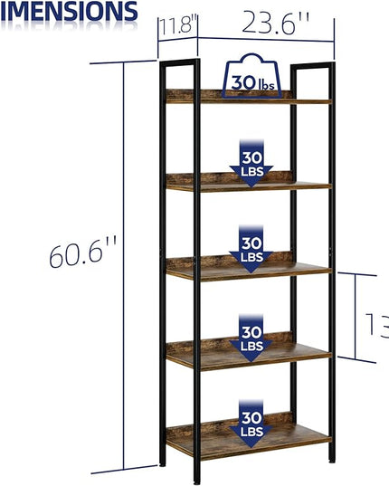 NUMENN Bookshelf, 5 Tier Bookshelves, Home Office Bookcase Shelf Storage Organizer, Free Standing Storage Shelving Unit for Bedroom, Living Room and Home Office, Vintage - LeafyLoom