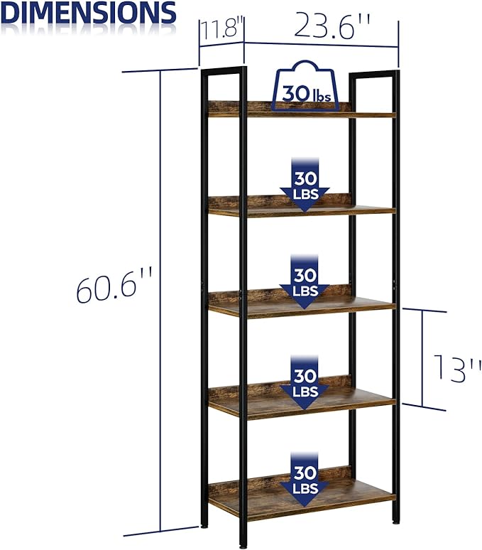 NUMENN Bookshelf, 5 Tier Bookshelves, Home Office Bookcase Shelf Storage Organizer, Free Standing Storage Shelving Unit for Bedroom, Living Room and Home Office, Vintage - LeafyLoom