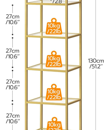 HOOBRO 5-Tier Gold Bookcase, Tempered Glass Bookshelves, Slim Shelving Unit for Living Room, Narrow Bookshelf for Small Spaces, Storage Rack Display Shelf for Home Office, Gold GD45SJ01 - LeafyLoom