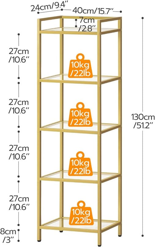 HOOBRO 5-Tier Gold Bookcase, Tempered Glass Bookshelves, Slim Shelving Unit for Living Room, Narrow Bookshelf for Small Spaces, Storage Rack Display Shelf for Home Office, Gold GD45SJ01 - LeafyLoom